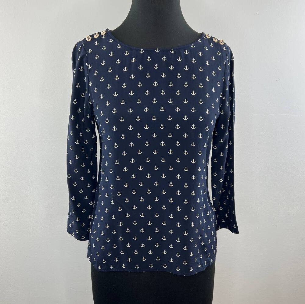 J. Crew 82583 Blue Beige Anchors Away Silk Shoulder Buttons Blouse Nautical 2